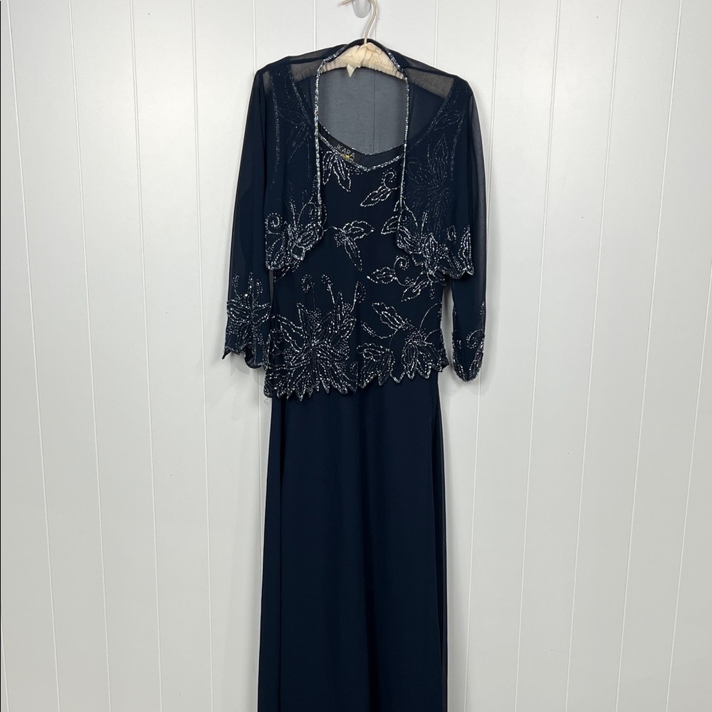 JKara Womens Formal Maxi Dress 12 Navy Embellishments 3/4 Sleeves Jacket Elegant